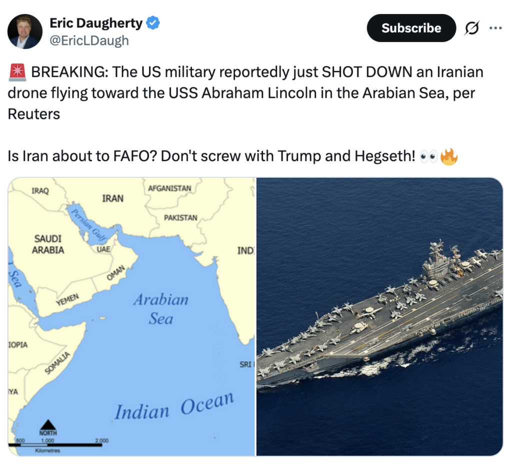 US Shoots Down Iranian Drone ‘Approaching’ American Ship