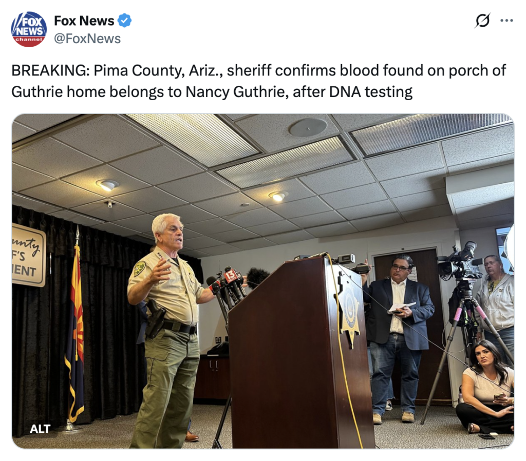 Sheriff Confirms Fears About Blood Found On Nancy Guthrie’s Property