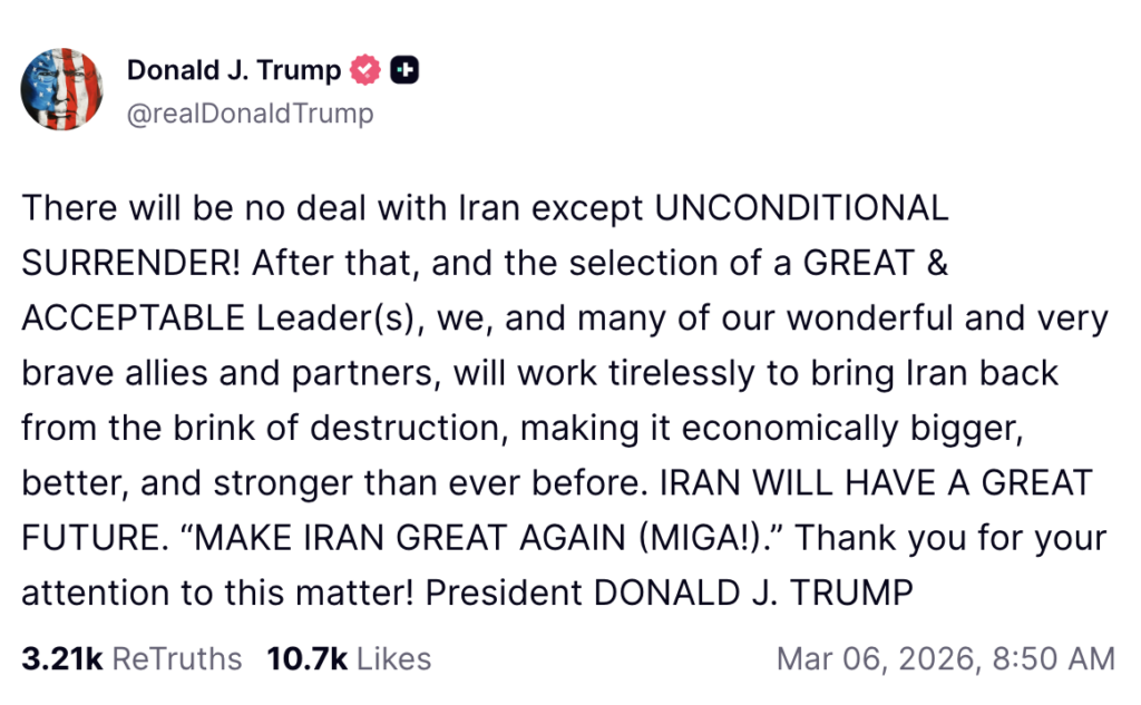 Trump Insists on Total Capitulation From Iran and Calls for Leadership Change