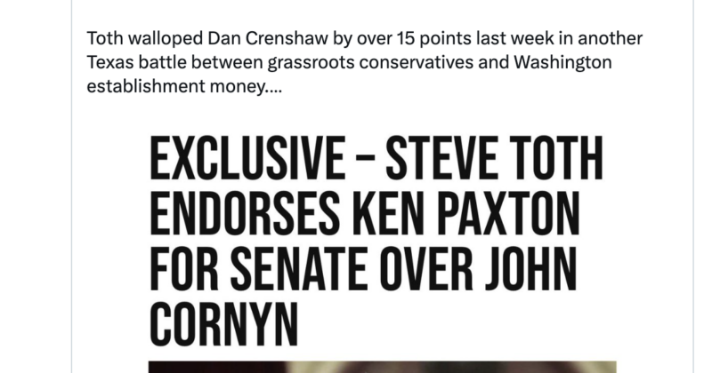 After Crenshaw Upset, Toth Backs Ken Paxton
