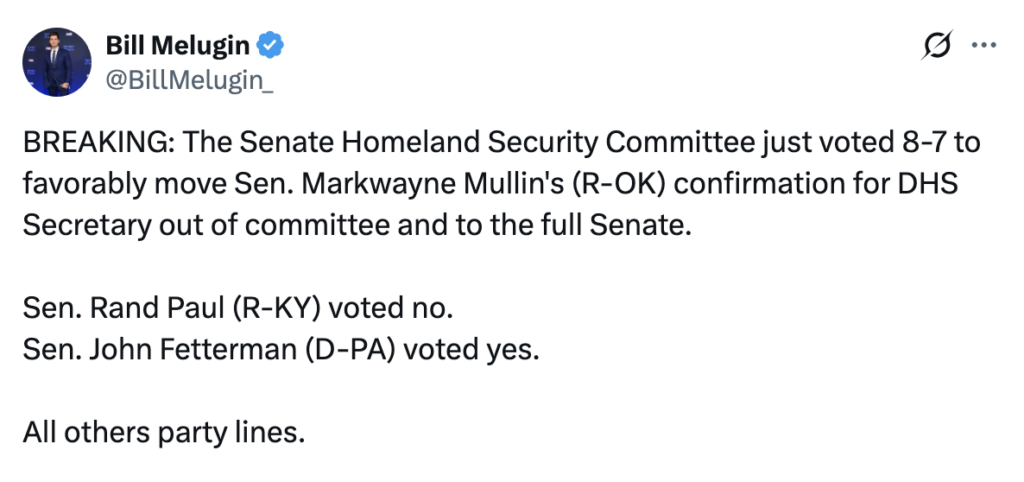 Markwayne Mullin Moves Closer to DHS Leadership After Bipartisan Support