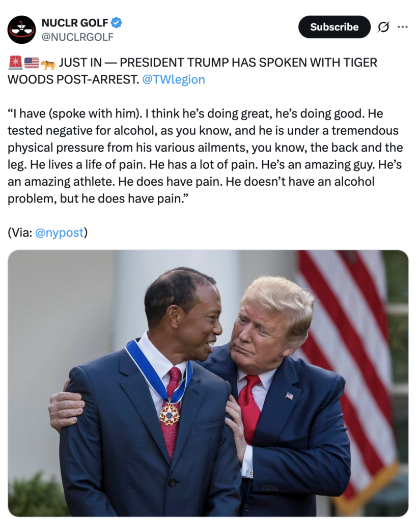 Trump Provides Insight on Tiger Woods Following Recent Incident