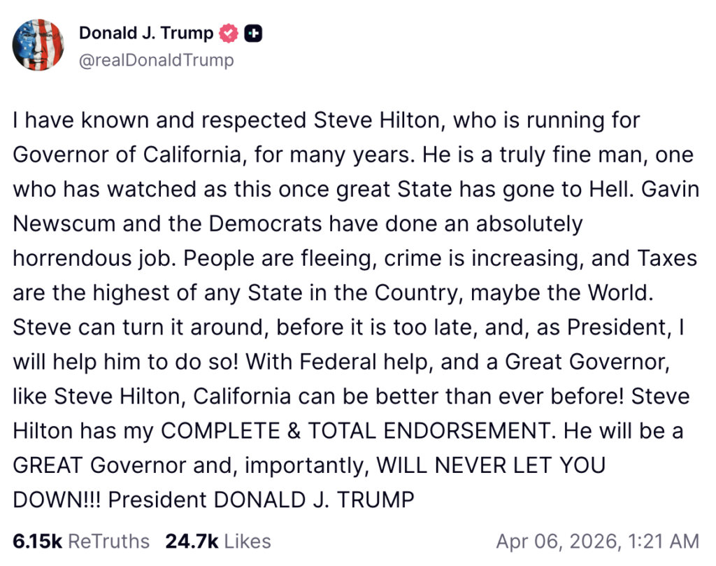 Trump Throws Support Behind Steve Hilton for California Governor